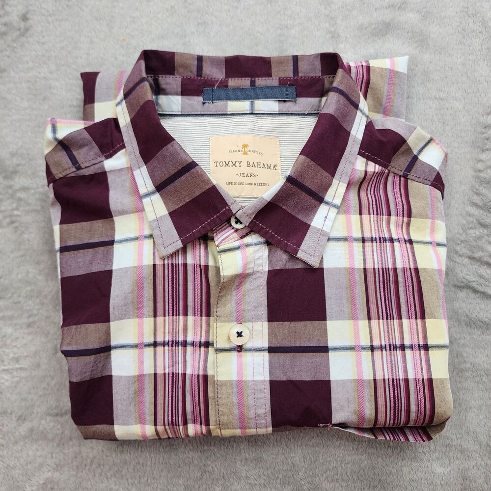 Tommy Bahama Men's Shirt Size L Plaid Long Sleeve Maroon Blue Casual Cotton
